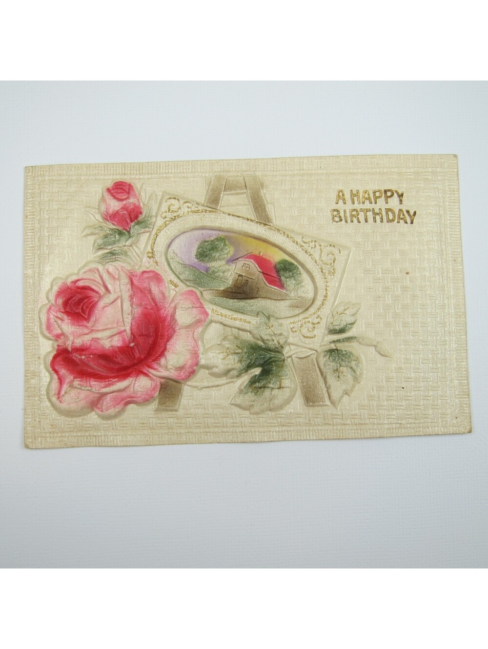 Postcard Happy Birthday Germany Antique 1913 Embossed 3D Red Pink Rose Art Easel